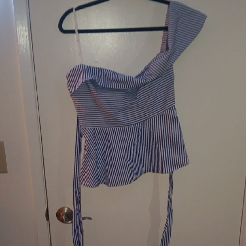 J.O.A. Blue and White Striped Asymmetrical Blouse